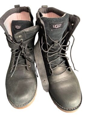 UGG Black Leather Lace-Up  Boots with Pink Shearling Lining